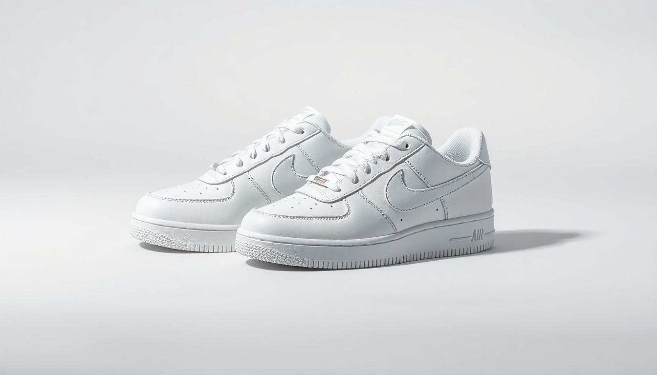 A photorealistic studio still life featuring a pair of pristine white Nike sneakers arranged elegantly on a clean, monochromatic background, using dramatic lighting and shadows to symbolize the abstract concepts of corporate strategy and market performance.