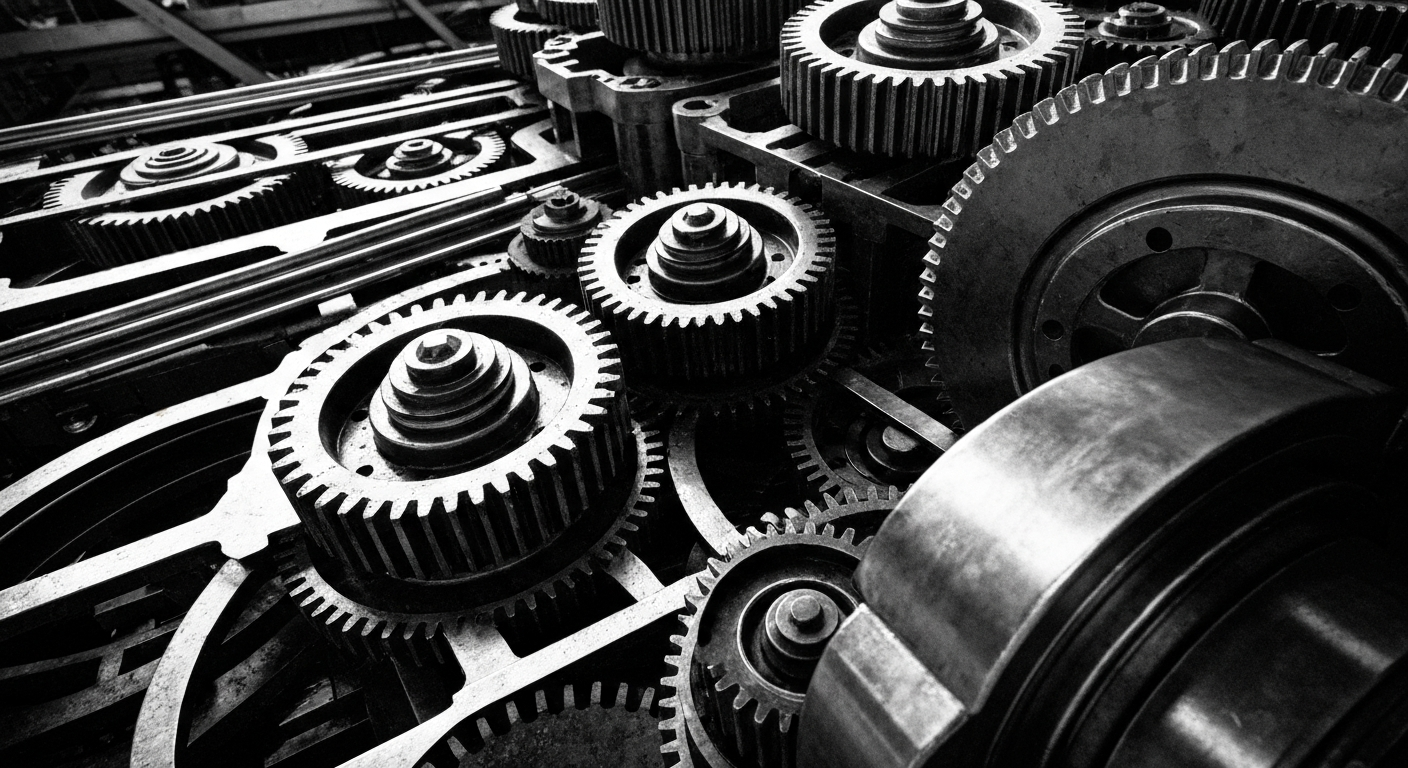 A high-contrast, cinematic close-up of the heavy, industrial machinery and components that power a major financial trading platform, conveying a sense of the institutional strength and stability of global markets.