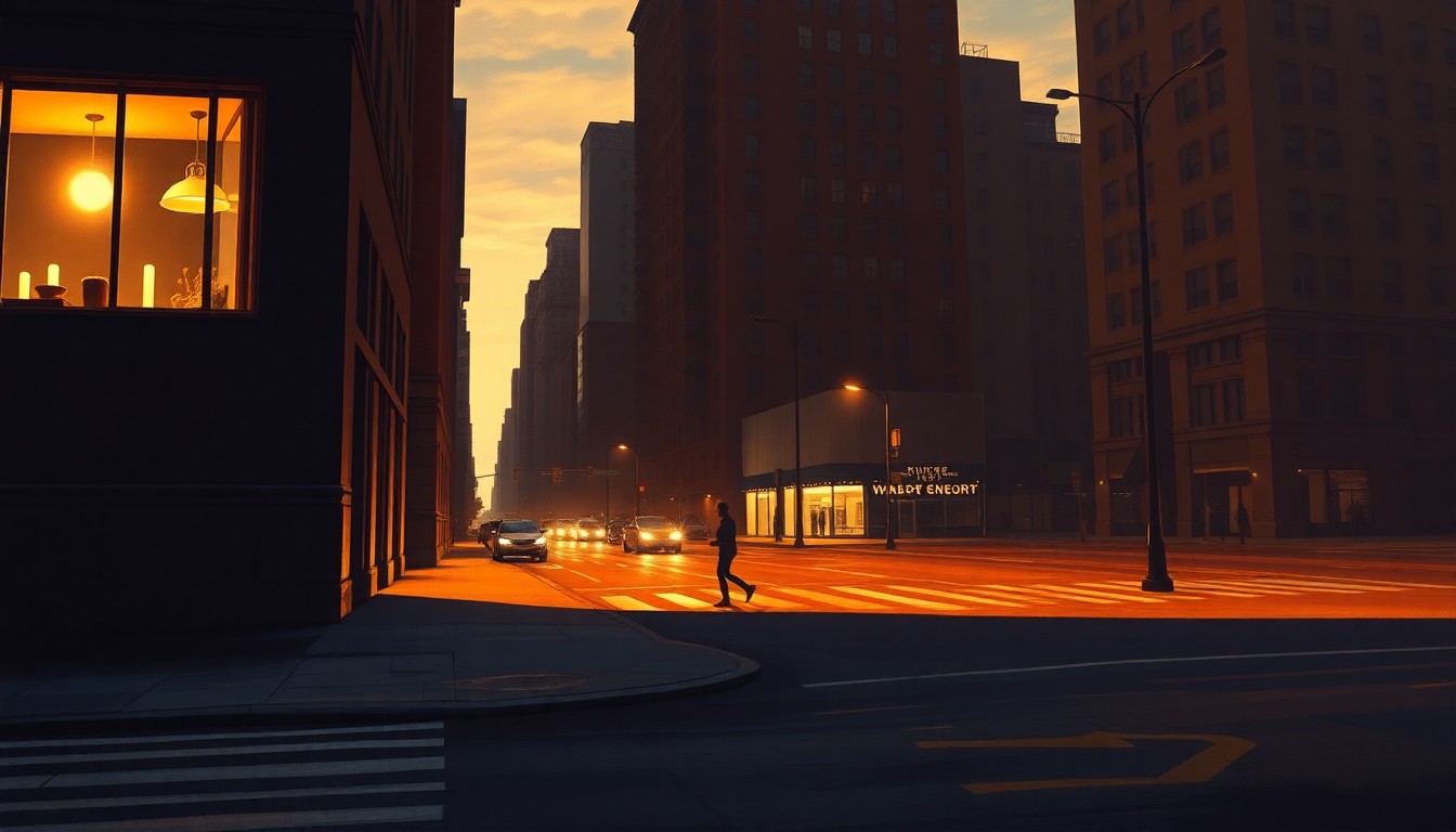 A dimly lit New York City street corner at dusk, with a lone figure standing in the distance, the scene bathed in warm, diagonal sunlight and deep shadows, capturing the quiet, cinematic mood of the high-stakes political race.