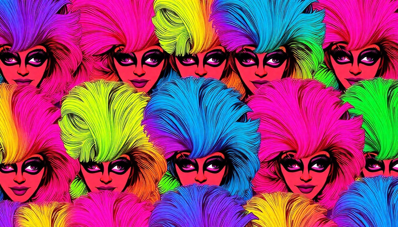 A highly stylized, pop art-inspired illustration featuring a repeating pattern of a drag queen's wig in bright, neon colors, conveying the vibrant energy and celebratory spirit of the Yonkers Pride drag bingo fundraiser.