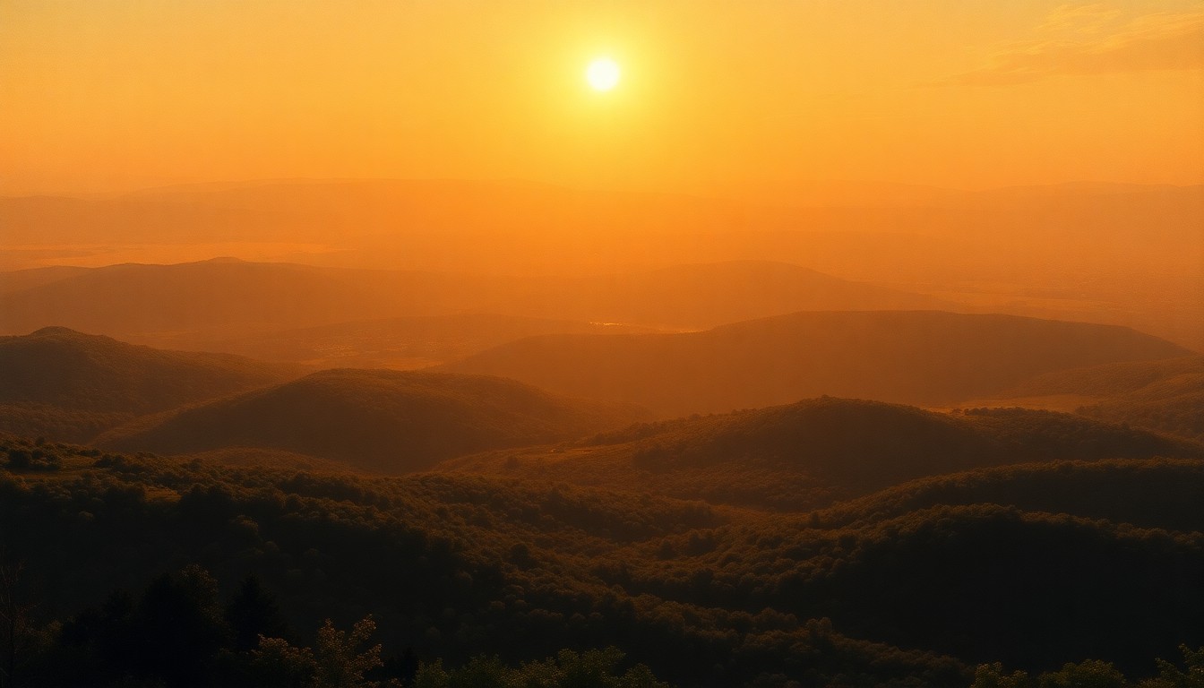 A vast, hazy landscape painting in muted tones of orange, yellow, and grey, with the sun's glare dominating the scene and casting long shadows across the distant horizon, conveying the overwhelming, sublime scale of the natural world during an extreme heat wave.