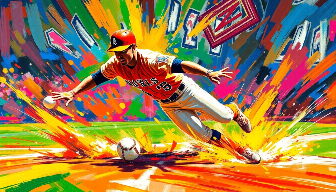 An abstract, energetic painting in neon colors depicting the dynamic motion of a baseball player sliding into a base, conveying the intensity and perseverance of a long-running consecutive games played streak.