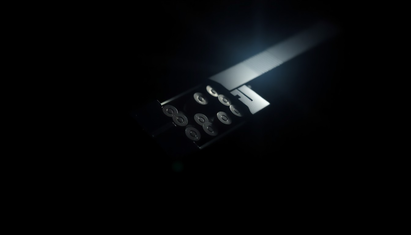 An extreme close-up of a handgun magazine loaded with ammunition, the harsh flash lighting creating a stark, gritty, investigative aesthetic that conceptually represents the evidence gathered in this crime investigation.