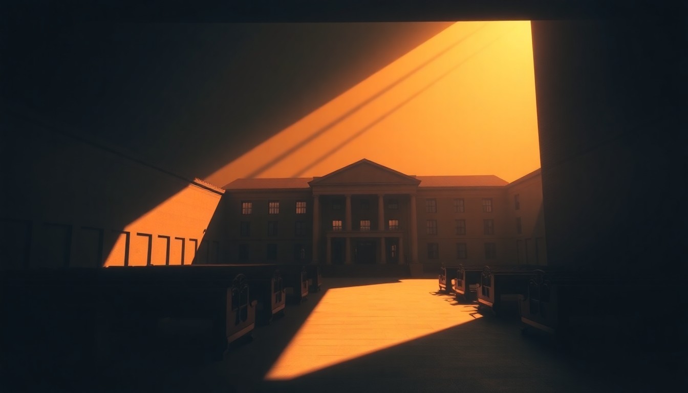 A dimly lit, cinematic painting of a university building with a lone figure standing in a doorway, the scene bathed in warm, golden light and deep shadows, conceptually representing the tensions surrounding academic freedom and political activism on college campuses.