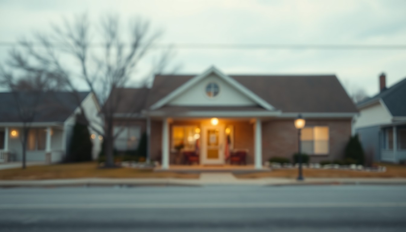 An abstract, impressionistic photograph in soft, warm tones depicting the blurred outline of a small-town funeral home, conveying a sense of quiet contemplation and remembrance.
