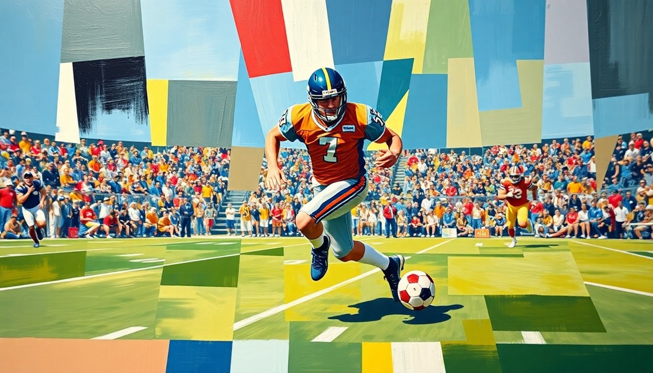 A fractured, geometric painting depicting a football player running with the ball, their movements broken down into sharp, overlapping planes of color and shape.
