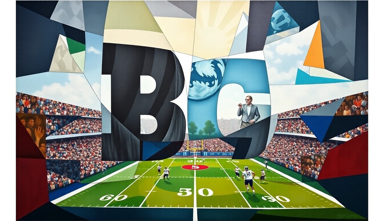 A fractured, cubist-style painting depicting a college football game, with players and the field broken down into sharp, overlapping geometric shapes and planes of color, representing the competitive and unpredictable nature of the upcoming Big Ten season.