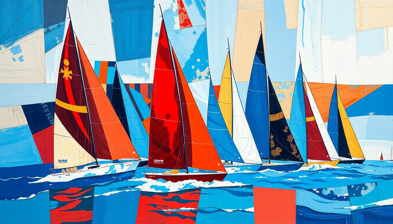 A dynamic, cubist-style painting depicting the overlapping geometric forms and movement of an America's Cup sailing race, conveying the energy and complexity of the prestigious event.