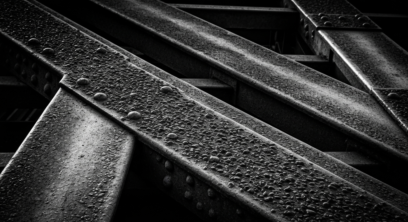 An extreme close-up of the textured, weathered surface of steel bridge beams, conveying the structural integrity and importance of this critical infrastructure.