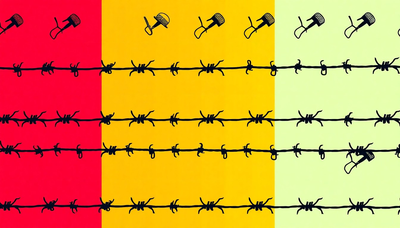 A brightly colored, high-contrast silkscreen print of a single, iconic World War II-era object such as a barbed wire fence or military shovel repeated in a tight grid pattern, conceptually representing the presence of a POW camp in the forests near Tionesta.