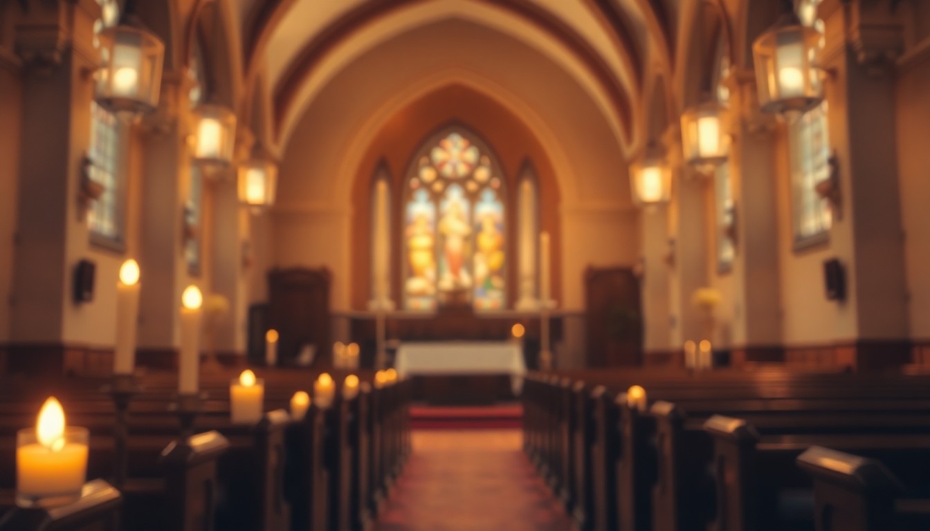 A soft, blurred photograph in warm, muted tones depicting the interior of a religious sanctuary, with indistinct shapes of candles, stained glass, and pews creating an atmosphere of quiet contemplation.