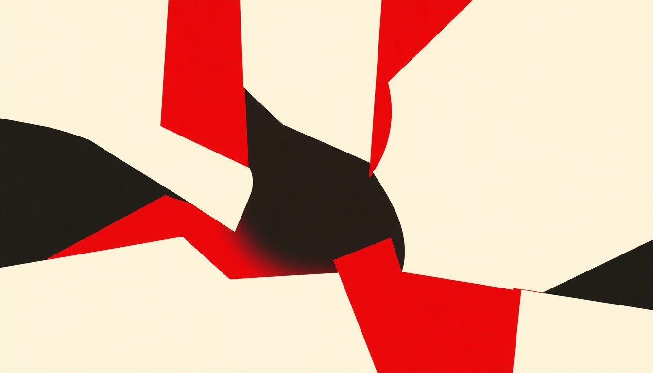 An abstract, minimalist composition using bold, jagged shapes in red, white, and black to conceptually represent the intersection of politics, pop culture, and publishing.