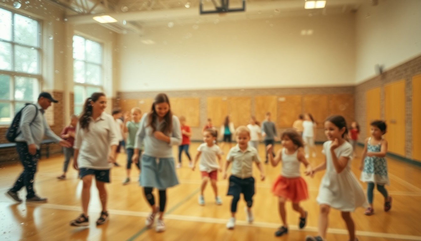 An abstract, impressionistic scene of blurred movement and vibrant colors, capturing the energy and togetherness of parents and children participating in physical education activities at a school.