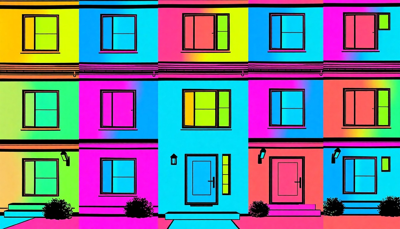 A highly stylized, abstract silkscreen print featuring a repeated pattern of a single iconic home exterior detail, such as a front door or window, rendered in a vibrant neon color palette with heavy black outlines, capturing the modern and energetic spirit of new residential construction in Sulphur Springs.