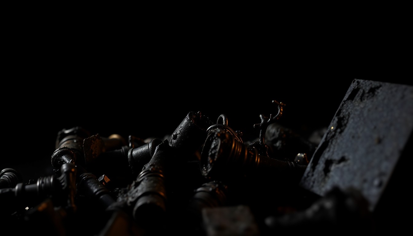 An extreme close-up photograph of charred and twisted metal debris from the fire, lit by a harsh, direct camera flash against a pitch-black background, creating a stark, gritty, investigative aesthetic.