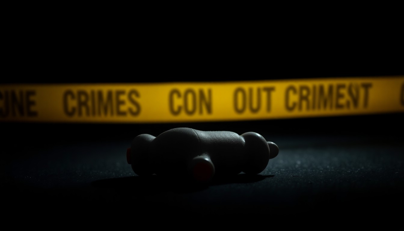 An extreme close-up photograph of a small toy car or stuffed animal, its details sharply lit by a direct camera flash against a pitch-black background, conveying a somber, investigative mood without words.