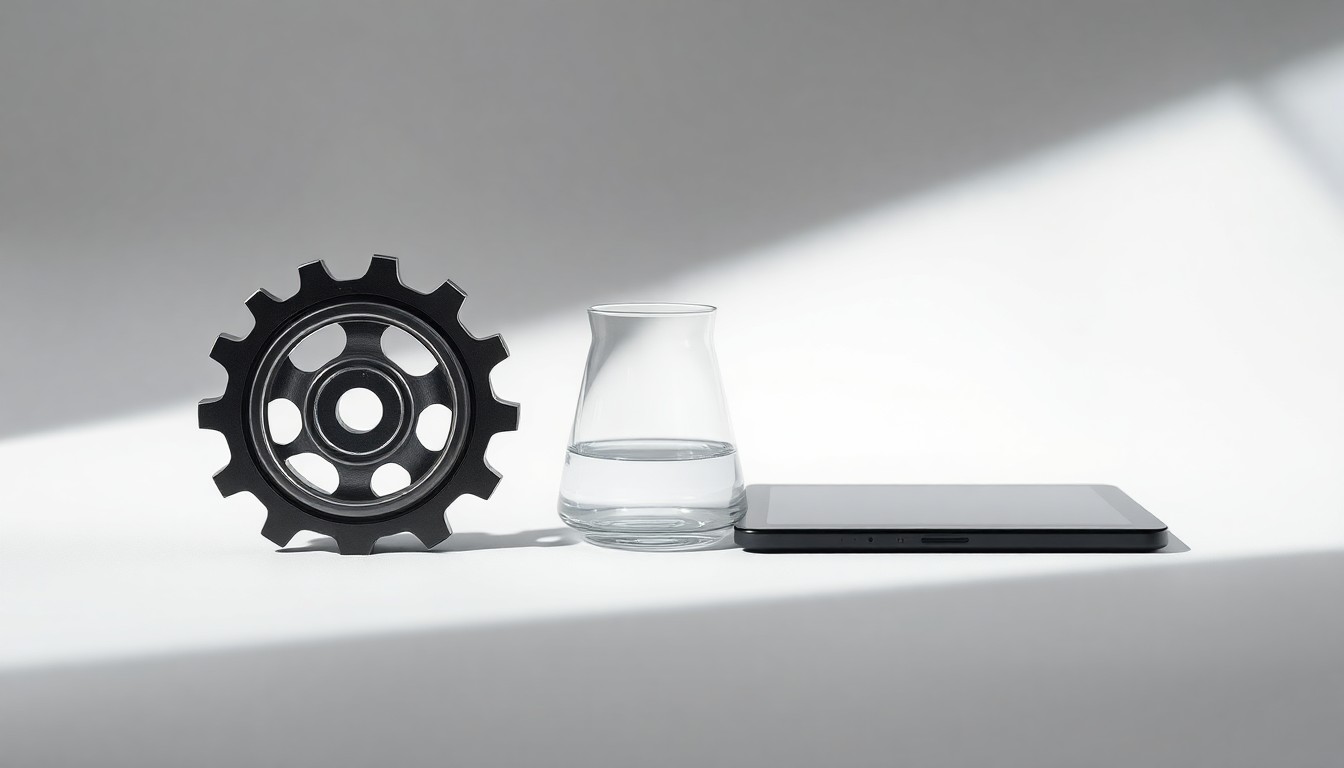A photorealistic studio still-life featuring polished metal, glass, and technology objects arranged elegantly on a clean background, conceptually representing the strategic business decisions behind Singer Industrial's growth.