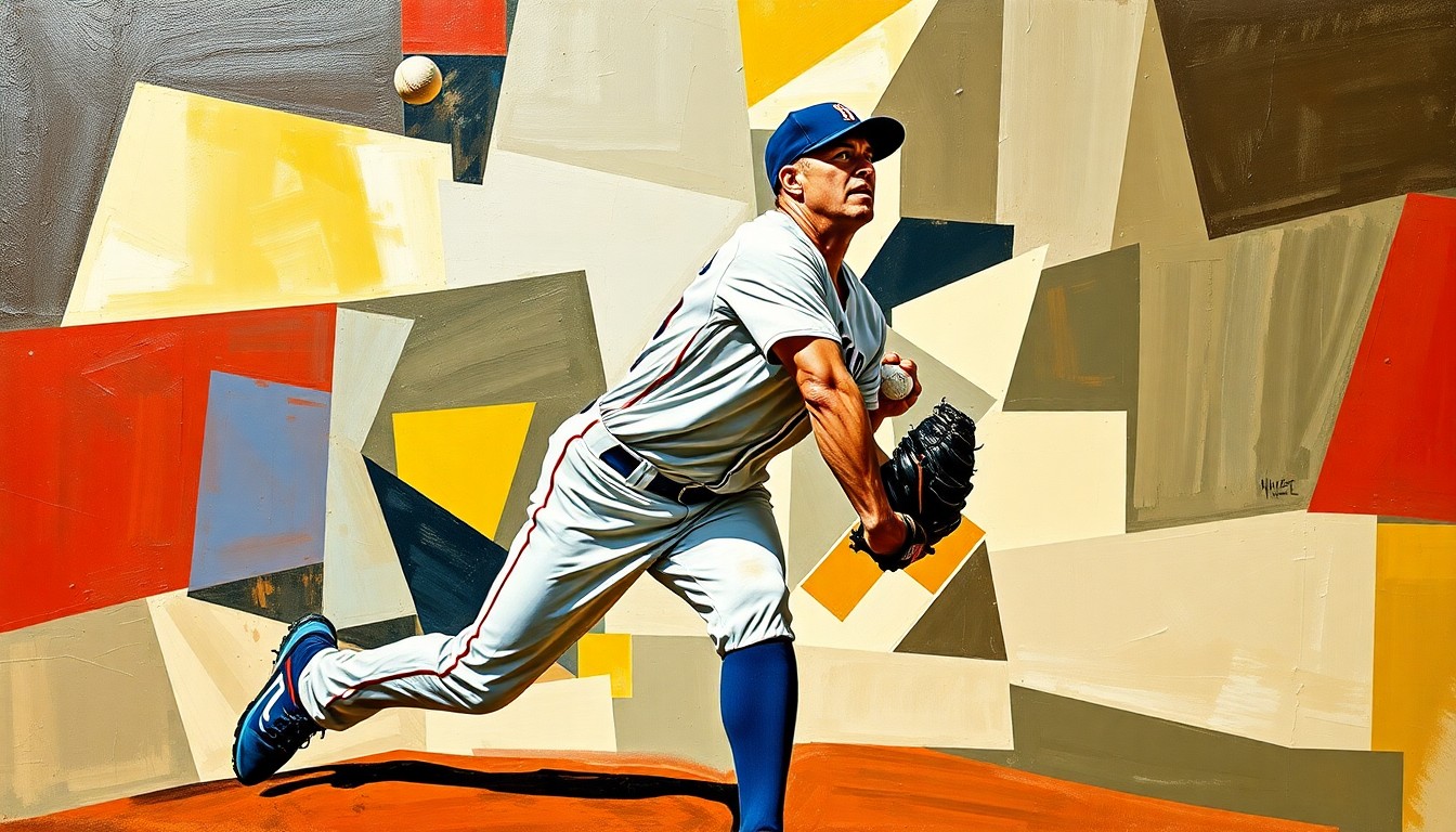 A cubist-style painting depicting a baseball pitcher's motion broken down into sharp, overlapping geometric shapes and planes, conveying the fragmented state of the Mets' recent performance.