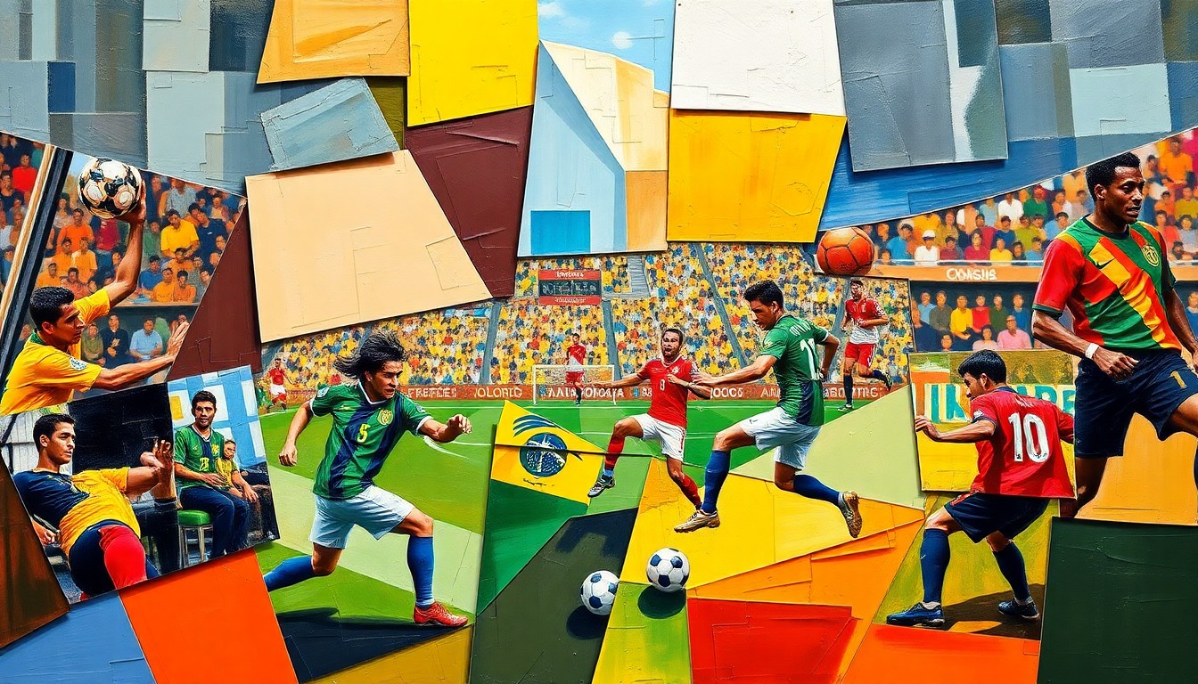 A fractured, multi-perspective painting in a Cubist style, with sharp geometric planes in the colors of Brazil and Morocco's soccer uniforms, dynamically capturing the energy and action of a match between the two teams.
