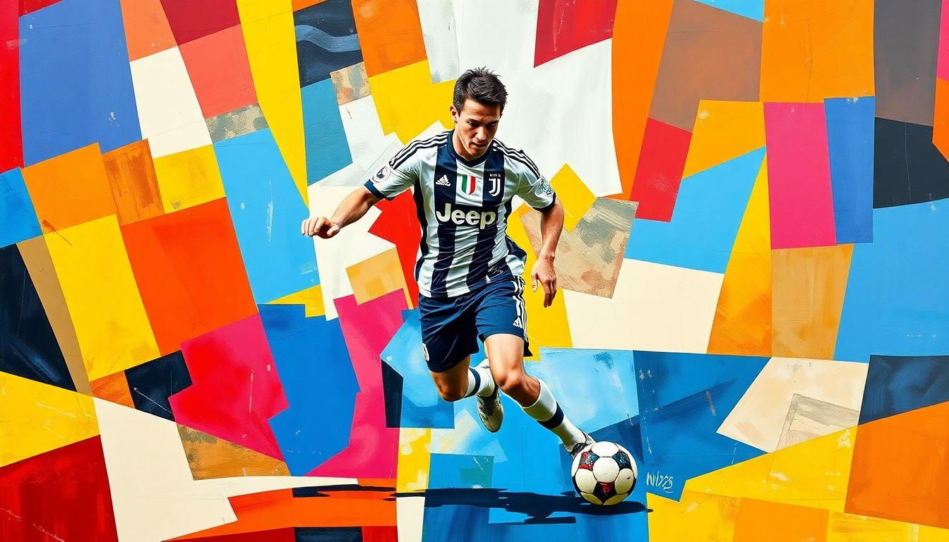 A cubist, geometric painting depicting a soccer player in mid-dribble, their body and movement broken down into sharp, overlapping planes of color representing the Juventus and Nice team uniforms.