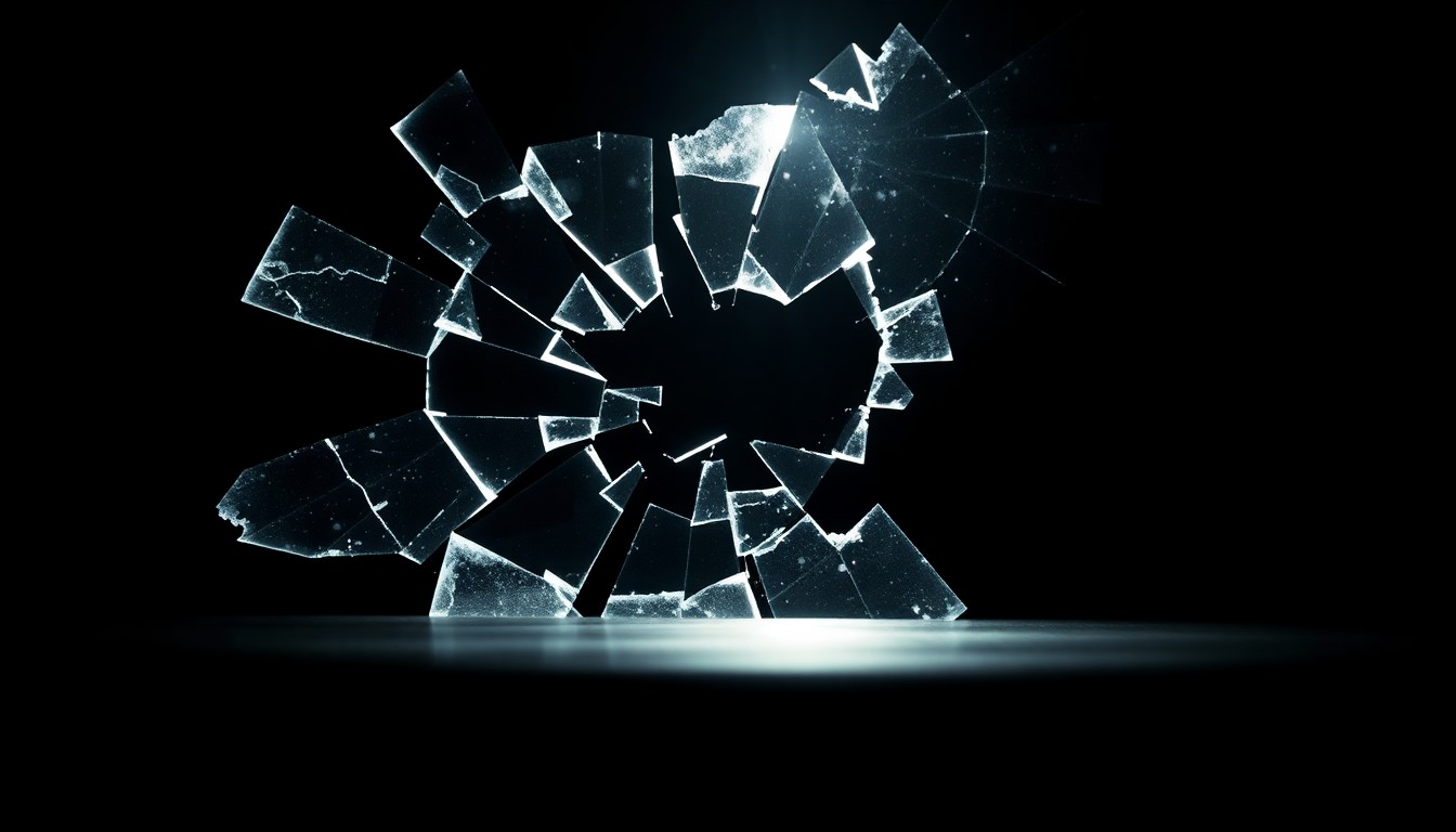 An extreme close-up photograph of a shattered piece of glass, capturing the dramatic texture and shadows to conceptually represent the chaos and violence of a recent teen fight in Virginia Beach.