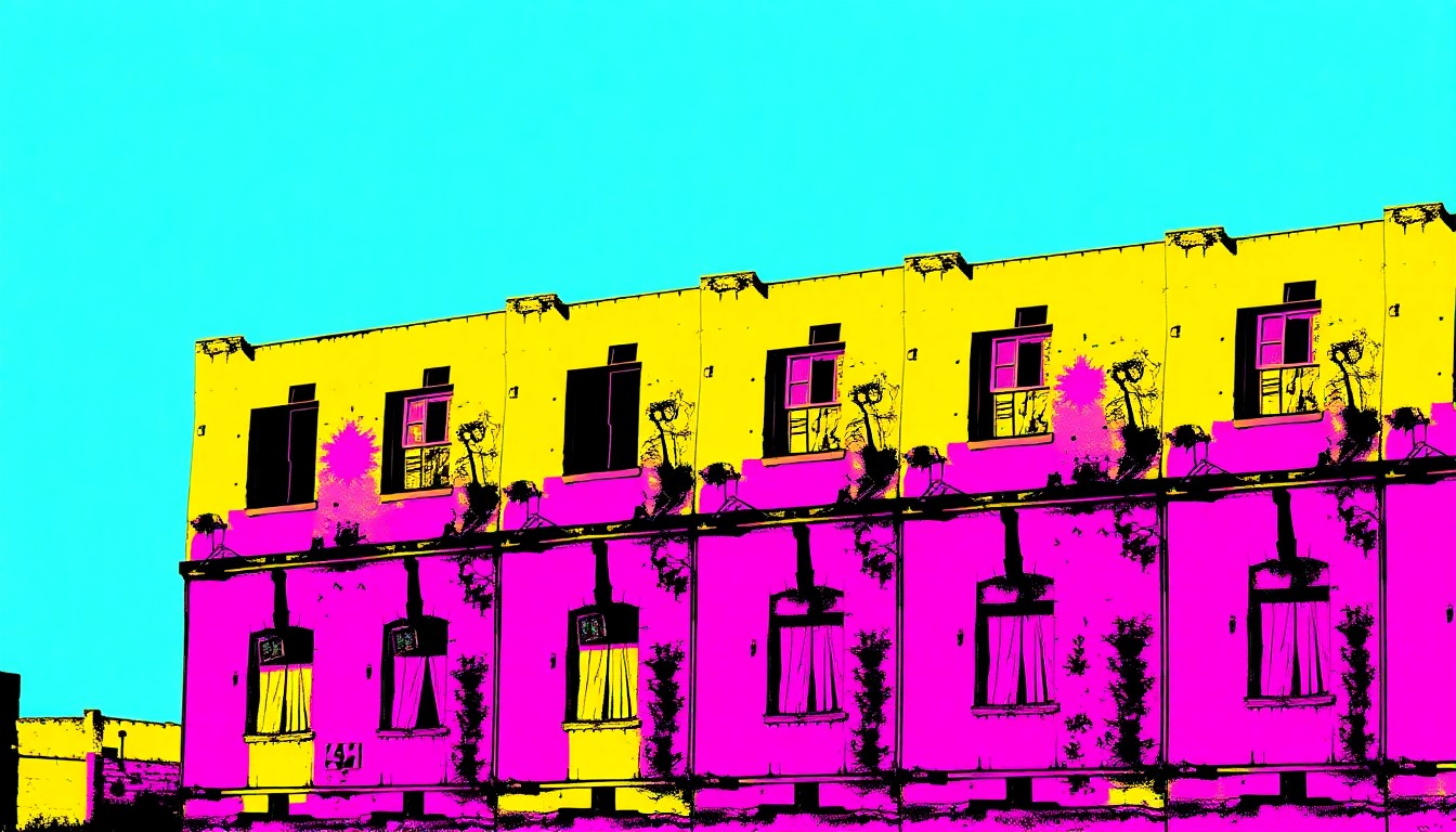 A vibrant, abstract silkscreen illustration depicting a dilapidated, boarded-up building repeated in a grid pattern, conceptually representing the city's plan to demolish the abandoned structure.
