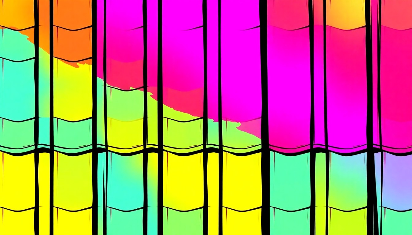 A bold, colorful silkscreen-style illustration featuring a repeated image of a theater curtain or stage prop in a vibrant, neon-inspired color palette, capturing the energy and creativity of North Lamar's theater program.