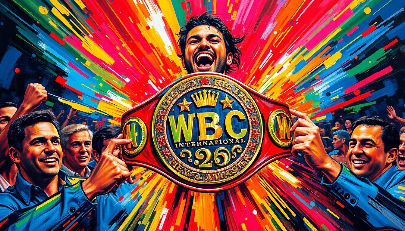 An abstract expressionist painting in neon colors depicting the energetic celebration of a boxing title victory, with dynamic brushstrokes and dissolving figures representing the crowd and the champion's trophy.