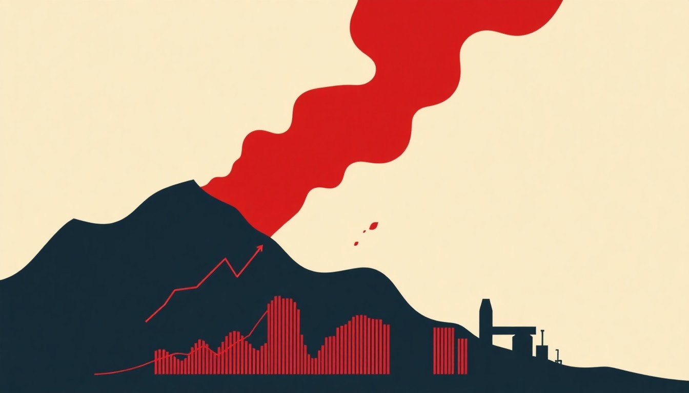 A minimalist abstract illustration using bold geometric shapes and a muted color palette of red, grey, and blue to conceptually represent the volatility and uncertainty in global oil and stock markets due to the ongoing conflict between the United States and Iran.