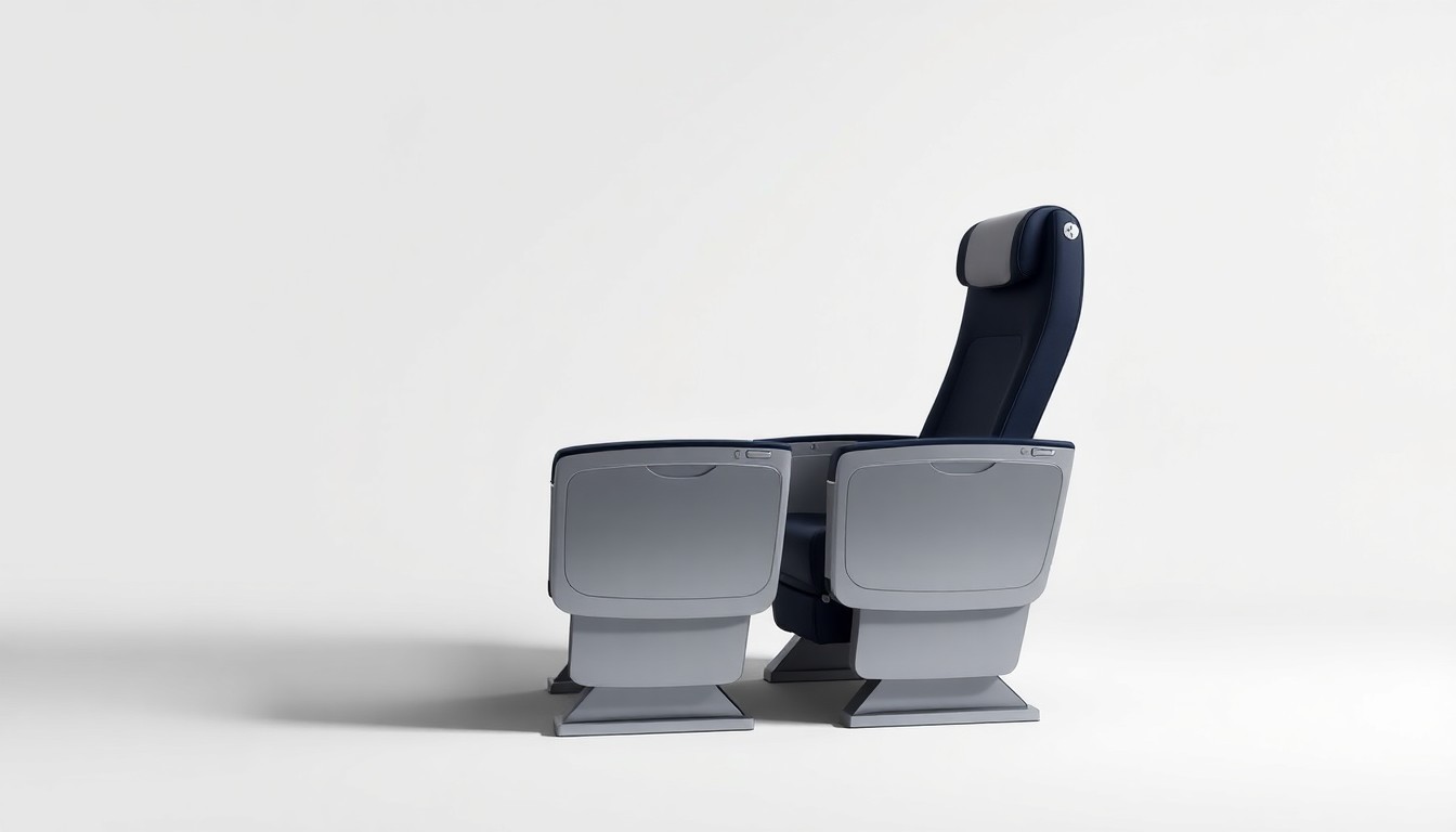 A photorealistic studio still-life image featuring a sleek, metallic business class airline seat with clean lines, deep shadows, and dramatic studio lighting, arranged elegantly on a solid white background to represent Delta's premium cabin upgrades.