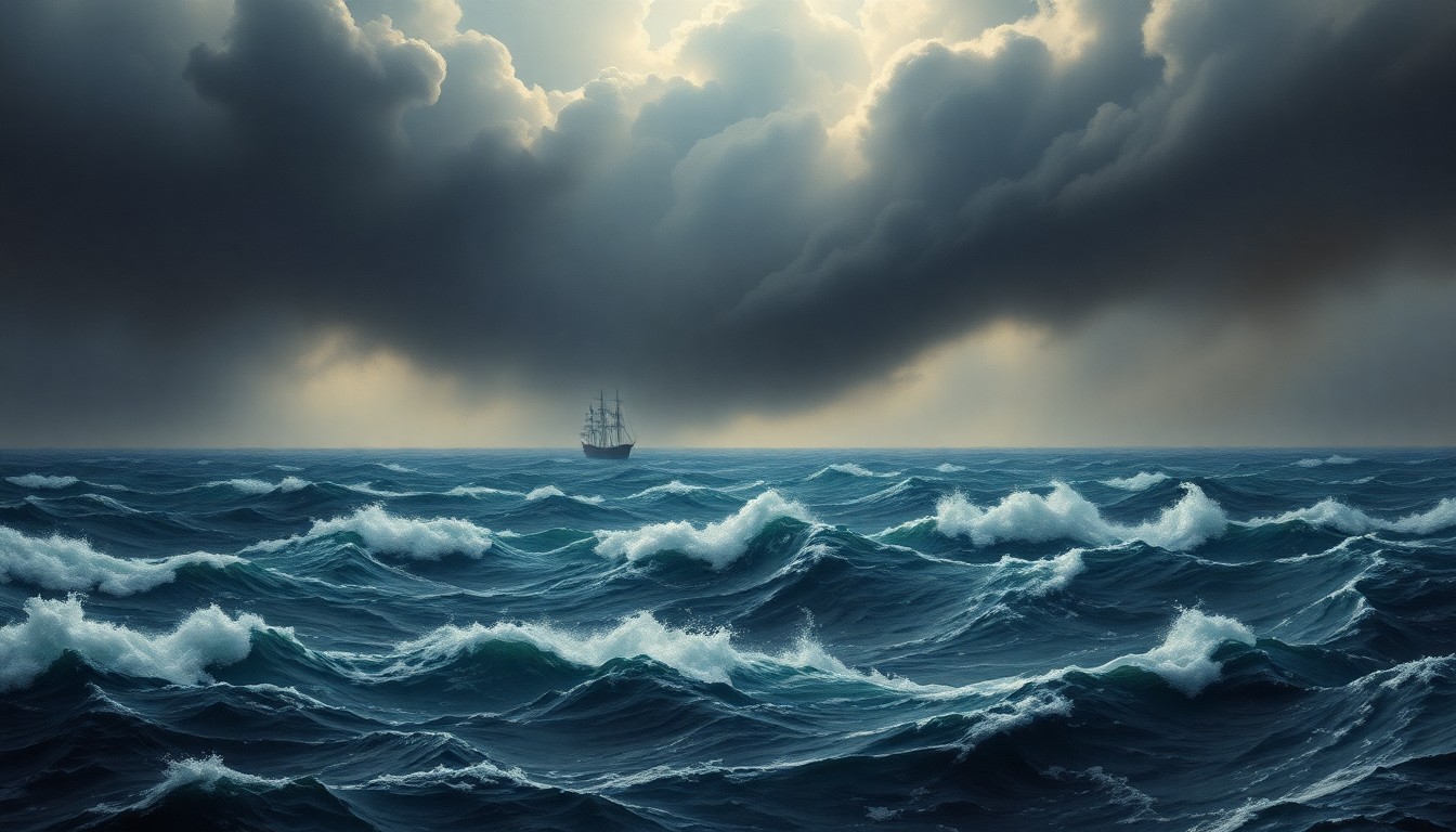 A sweeping, atmospheric landscape painting in muted blues, grays, and blacks, depicting a partially submerged boat silhouetted against a stormy, turbulent sea, conveying the overwhelming power and danger of the natural environment.