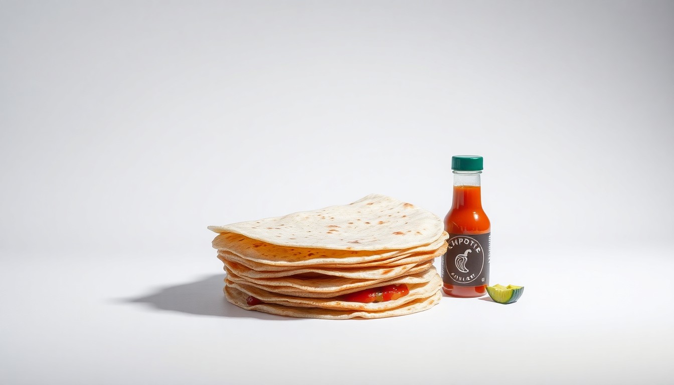 A photorealistic studio still life featuring a stack of fresh tortillas, a bowl of guacamole, and a bottle of hot sauce arranged elegantly on a clean, white background, conceptually representing the premium quality of Chipotle's ingredients.