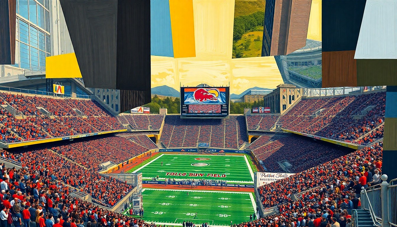 A cubist, fractured painting depicting the Colorado Buffaloes football team, Folsom Field stadium, and the new video scoreboard installation in an abstract, geometric style.