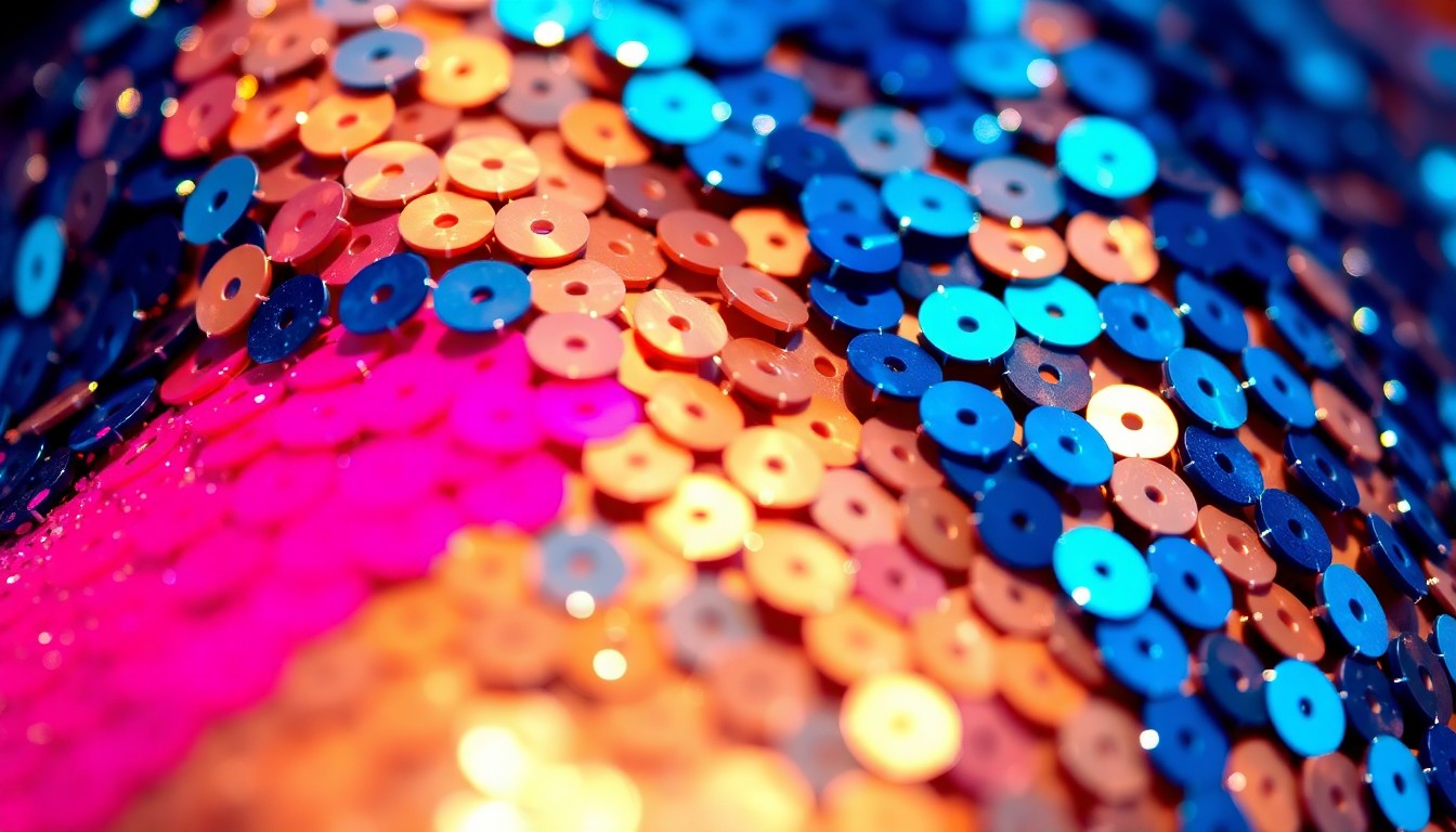 An abstract close-up photograph of shimmering sequins in a vibrant color palette of electric blue, hot pink, and metallic gold, capturing the glamour and energy of Coachella festival fashion.