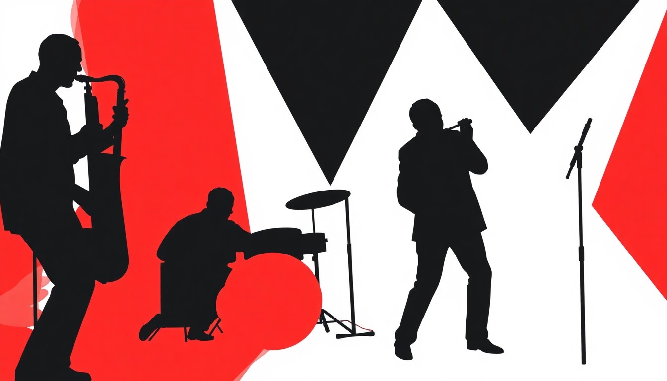 An abstract, minimalist illustration using bold black shapes and bright red and white colors to represent the energy and rhythm of a jazz performance.