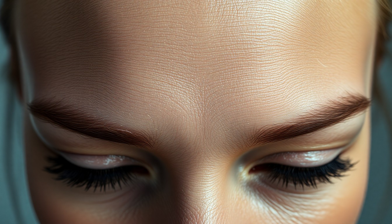 An extreme close-up photograph of a woman's forehead skin, showing the subtle texture of fine lines and wrinkles. The image uses dramatic, high-contrast studio lighting to create a glitzy, high-fashion aesthetic, focusing purely on the material and light rather than any identifiable facial features.