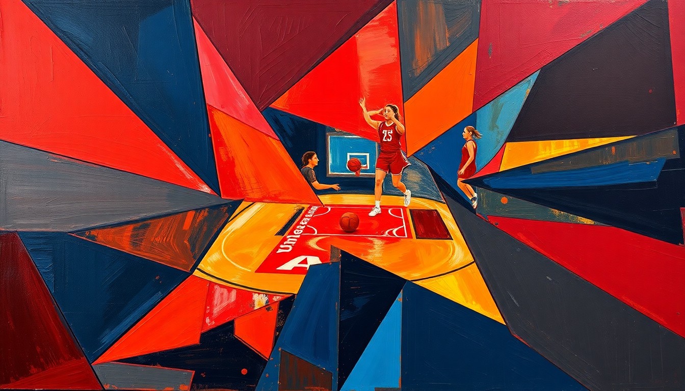A cubist, geometric painting depicting the fractured, multi-perspective action of a women's basketball game, with sharp planes of crimson, orange, and navy blue shapes overlapping to create a dynamic, abstract composition.