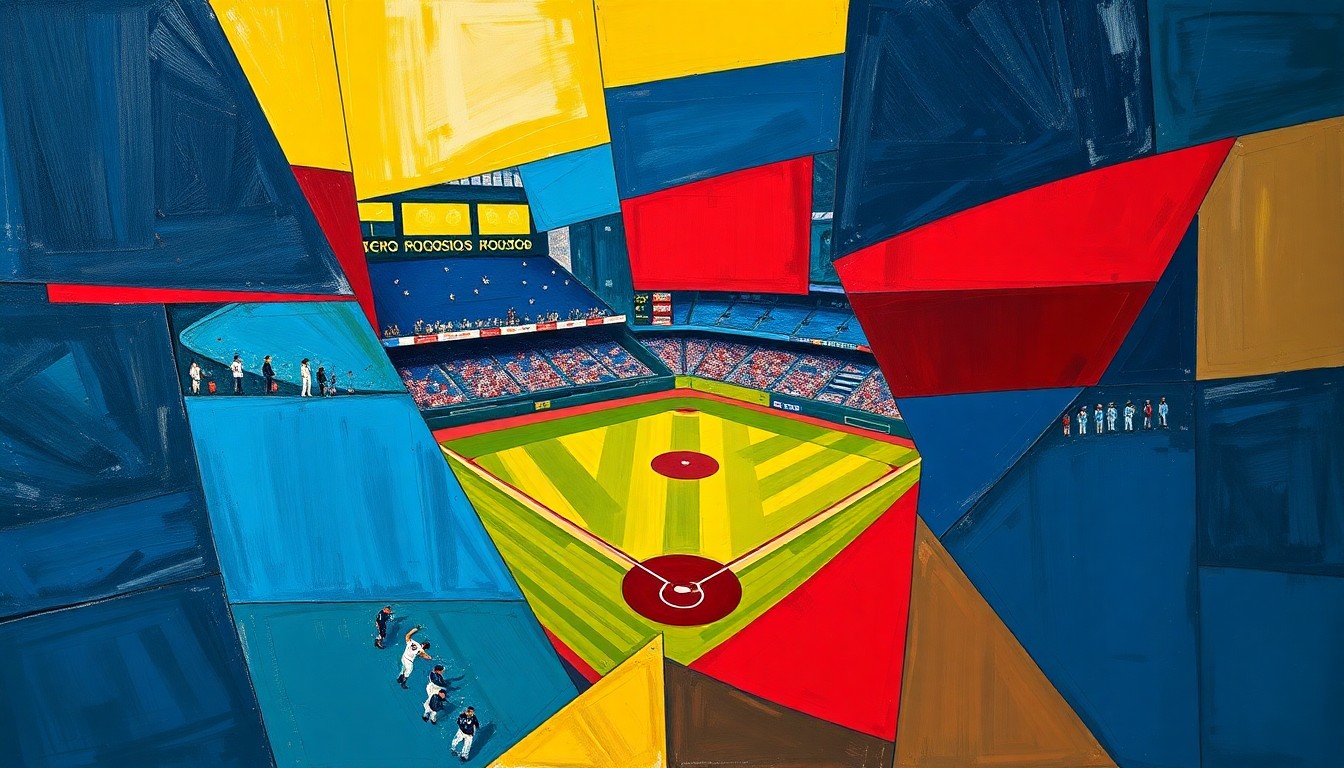 A cubist-style painting featuring sharp, overlapping geometric shapes in navy blue, crimson red, and golden yellow, conceptually representing the fragmented and disjointed nature of the Yankees' offense during their recent slump.