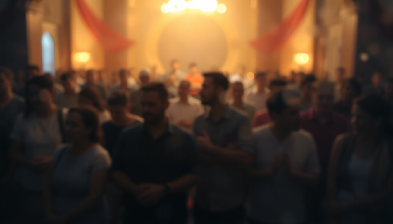 An abstract, out-of-focus scene of people gathered in prayer, with soft, warm pools of light and color, conceptually representing the community coming together for the National Day of Prayer.