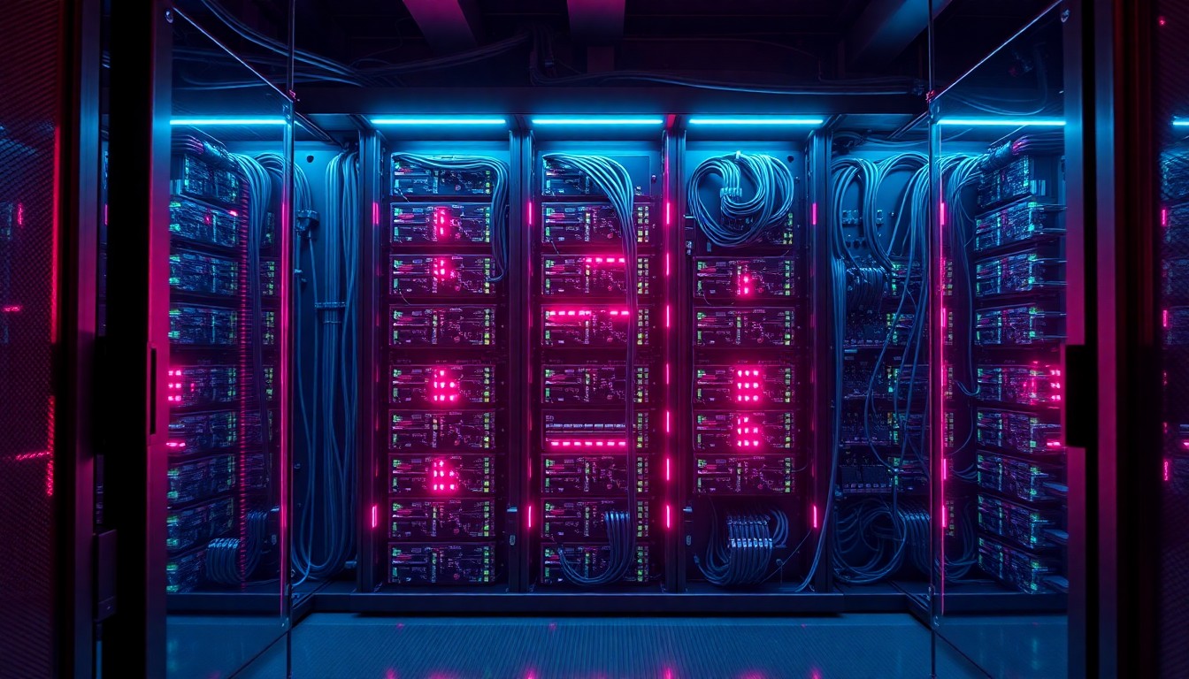 A highly detailed, glowing 3D illustration of a futuristic data server rack, with neon cyan and magenta lights illuminating the complex network of cables and circuit boards, conceptually representing the cybersecurity threat facing Rockstar Games.