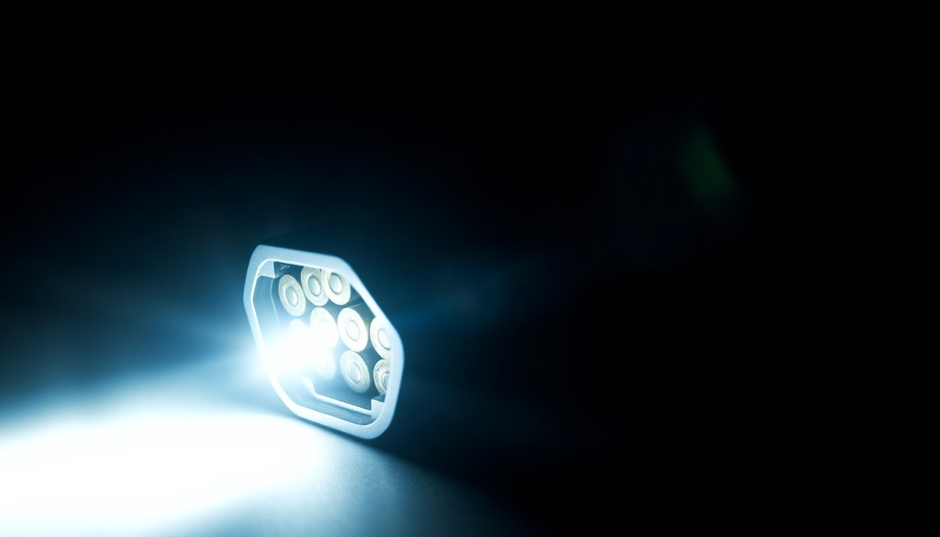 An extreme close-up photograph of a handgun magazine loaded with ammunition, lit by a harsh, direct camera flash against a pitch-black background, creating a stark, gritty, investigative aesthetic.