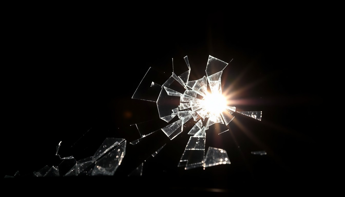 An extreme close-up photograph of a shattered car windshield, the jagged glass reflecting a harsh, direct camera flash and creating a stark, gritty visual representation of the violence and destruction caused by the fatal crash.
