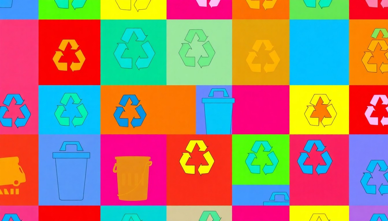A brightly colored, high-contrast silkscreen print of a recycling bin icon repeated in a tight grid pattern, utilizing flat, vibrant, neon color palettes overlapping with heavy black photographic outlines to turn an everyday recycling object into modern pop art.