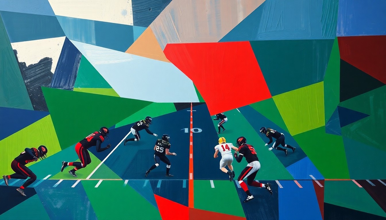 A cubist, geometric painting depicting the abstracted forms of football players and a field, rendered in a vibrant palette of navy, green, and red, capturing the raw energy and competition of high school football.
