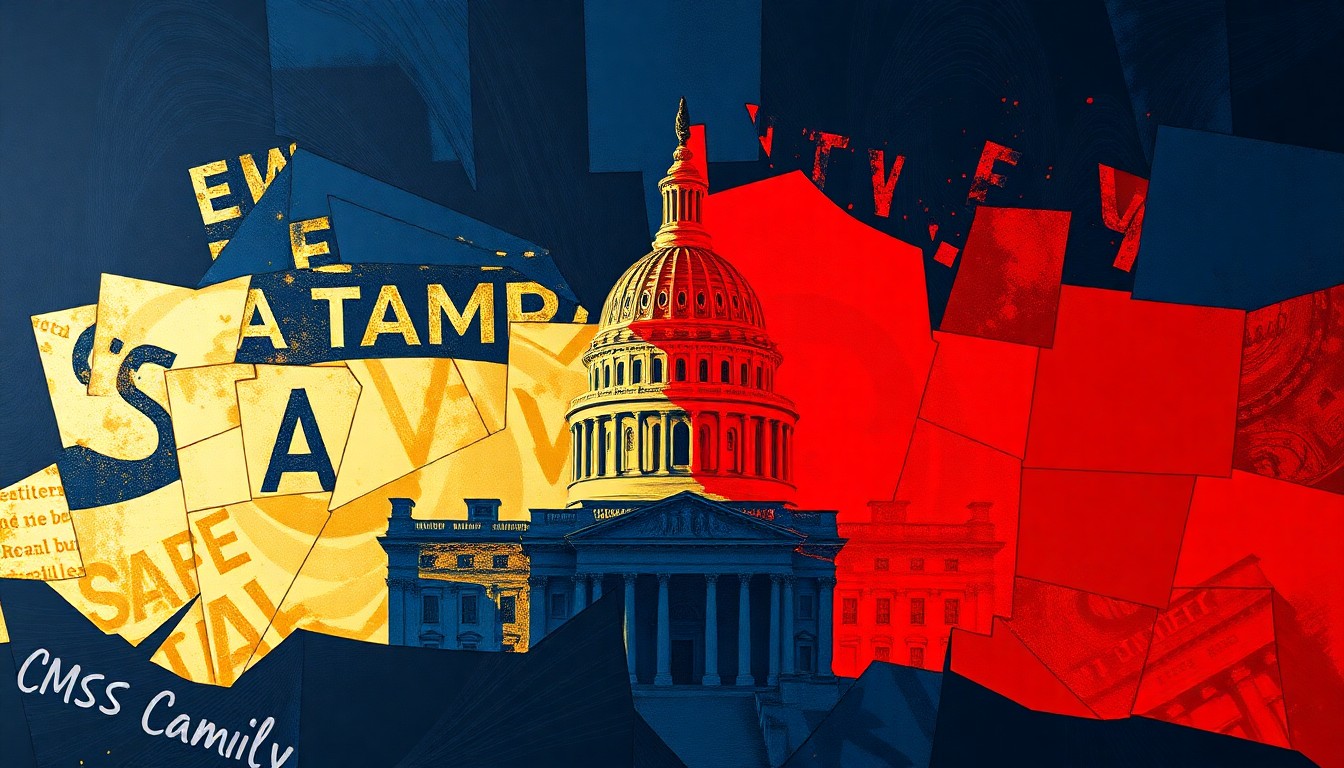 A dynamic, abstract painting in shades of blue, gold, and red, featuring the fragmented outline of a government building, conveying the blurred boundaries between the Trump family's business dealings and political influence.