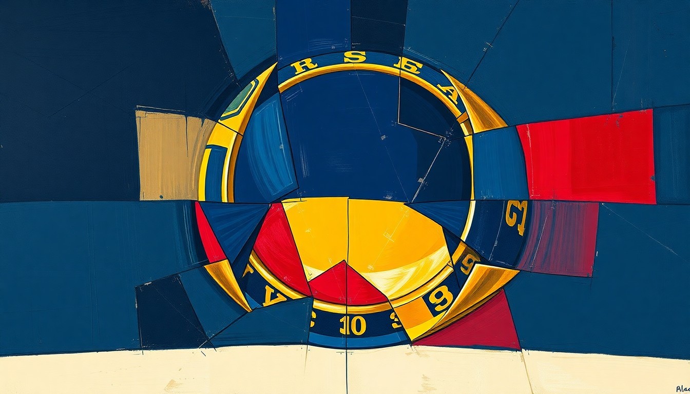 A cubist, geometric painting depicting a shattered baseball championship ring in overlapping planes of navy blue, gold, and red, conveying the loss and fragmentation of a significant piece of local sports heritage.