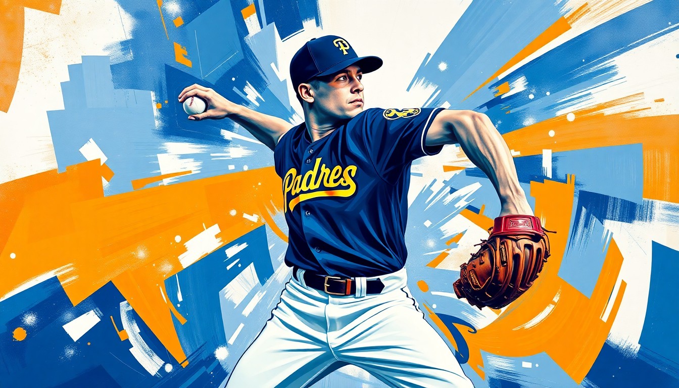 A cubist, geometric painting depicting the fractured, overlapping motions of a baseball pitcher's windup and delivery, rendered in the Padres' team colors of navy blue, orange, and white.