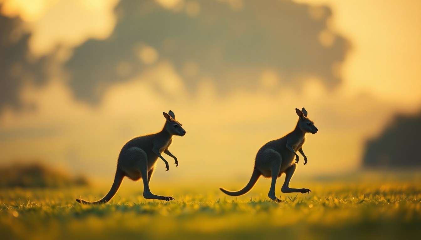 A blurred, impressionistic photograph in warm, earthy tones depicting the silhouettes of two kangaroos hopping through a verdant, dreamlike landscape, conveying a sense of wonder and connection with nature.