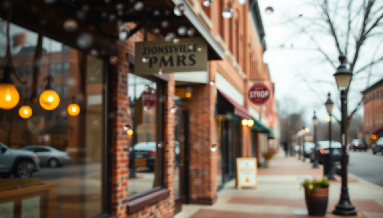 An extremely abstracted, out-of-focus photograph shot through condensation or rain-streaked glass, composed of soft pools of warm amber, sage, and dusty rose colors, conceptually representing the inviting atmosphere of Zionsville's historic downtown.
