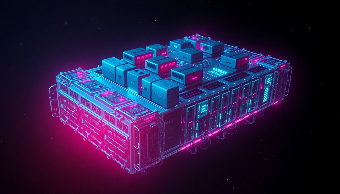 A highly detailed, glowing 3D illustration of a modular, interconnected orbital data center platform in space, with various computing modules and thermal management systems illuminated by neon cyan and magenta lights, conceptually representing the technological innovation of moving data centers into orbit.